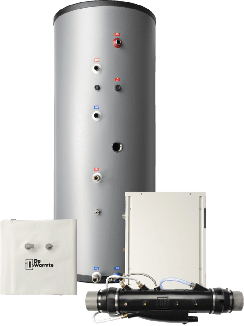 Vooraanzicht van de HeatCycle warmtepomp, gepresenteerd door DeWarmte, met transparante achtergrond.
