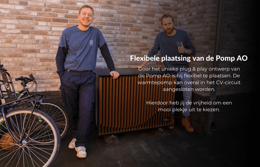 Afbeelding met specificaties en plaatsingsinstructies van de Pomp-AO warmtepomp.