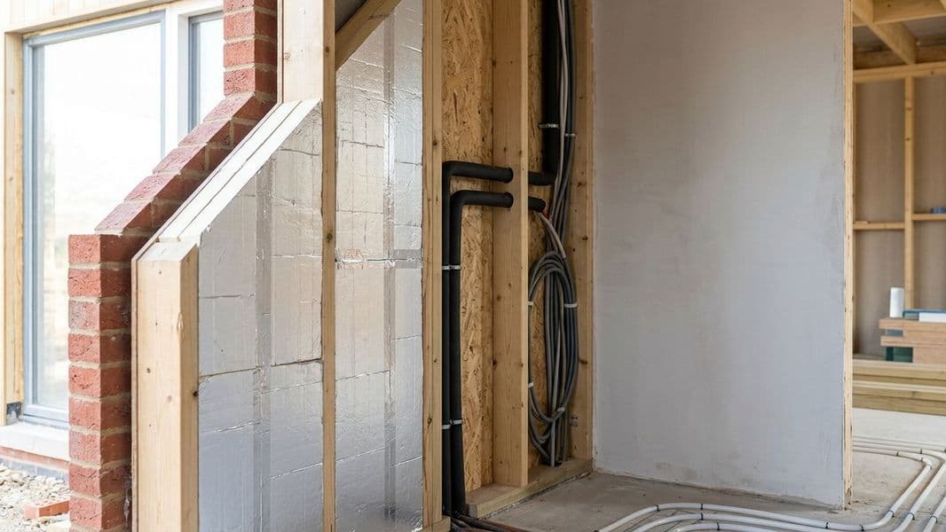 Warmtepomp installatie in nieuwbouw met zichtbare isolatie en elektriciteit