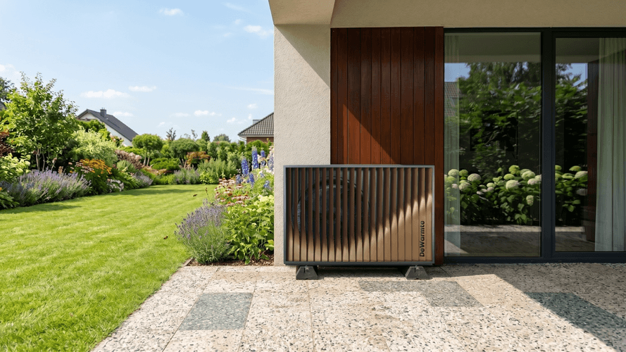 beste warmtepomp buiten op tegels in tuin
