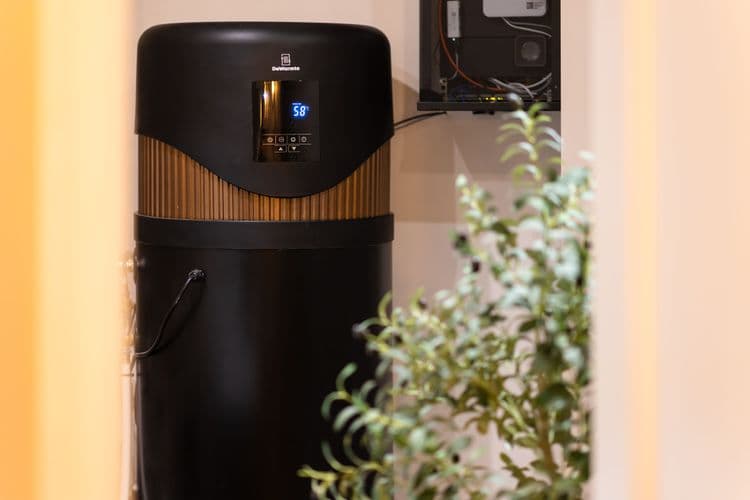 De Pomp T van DeWarmte: Moderne zwart-koperen warmtepompboiler voor gasvrij warm tapwater